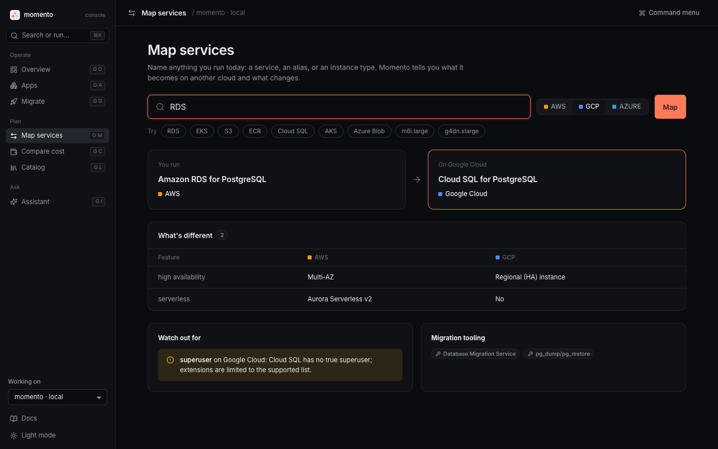 Momento Console mapping Amazon RDS for PostgreSQL to Cloud SQL for PostgreSQL