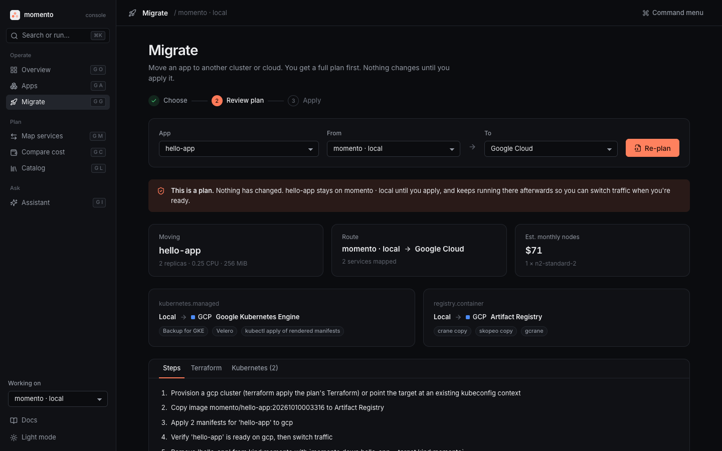 Momento Console showing a migration plan from a local cluster to Google Cloud with mapped services, cost and steps